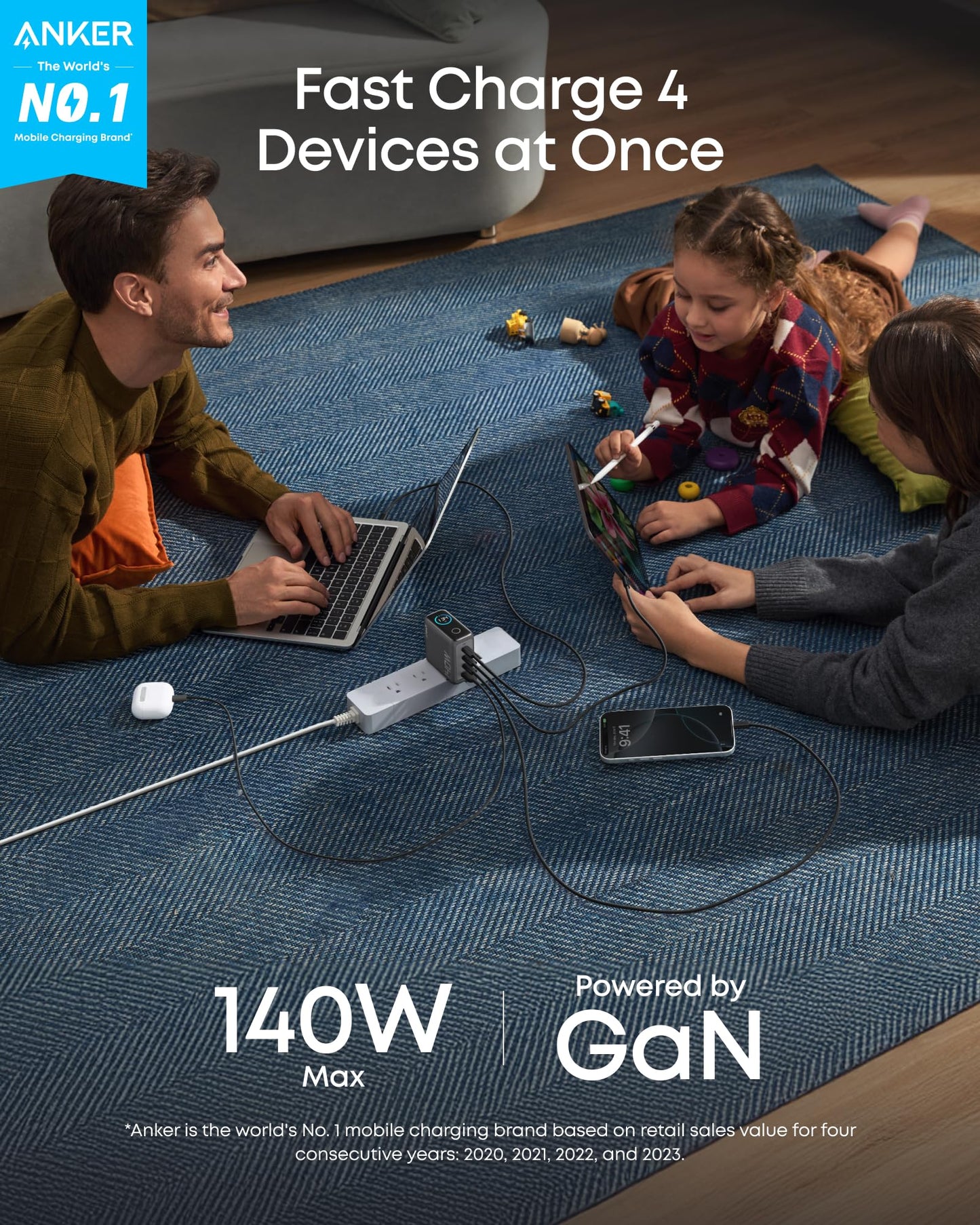 Cargador USB-C de 140 W, cargador Anker para laptop, carga rápida multidispositivo de 4 puertos, adaptador de corriente GaN avanzado, controles táctiles intuitivos, para MacBook, iPhone 16, Samsung