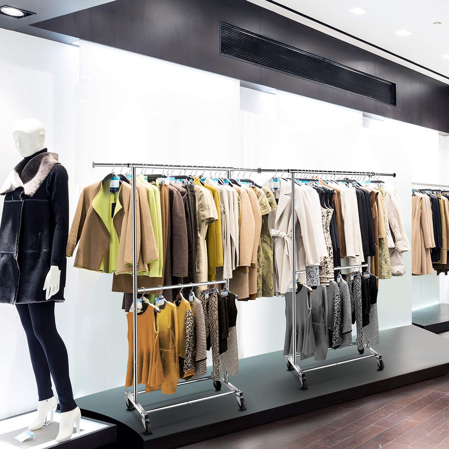Simple, Tendencia, Doble barra de ropa, organizador con ruedas para colgar la ropa, cromado