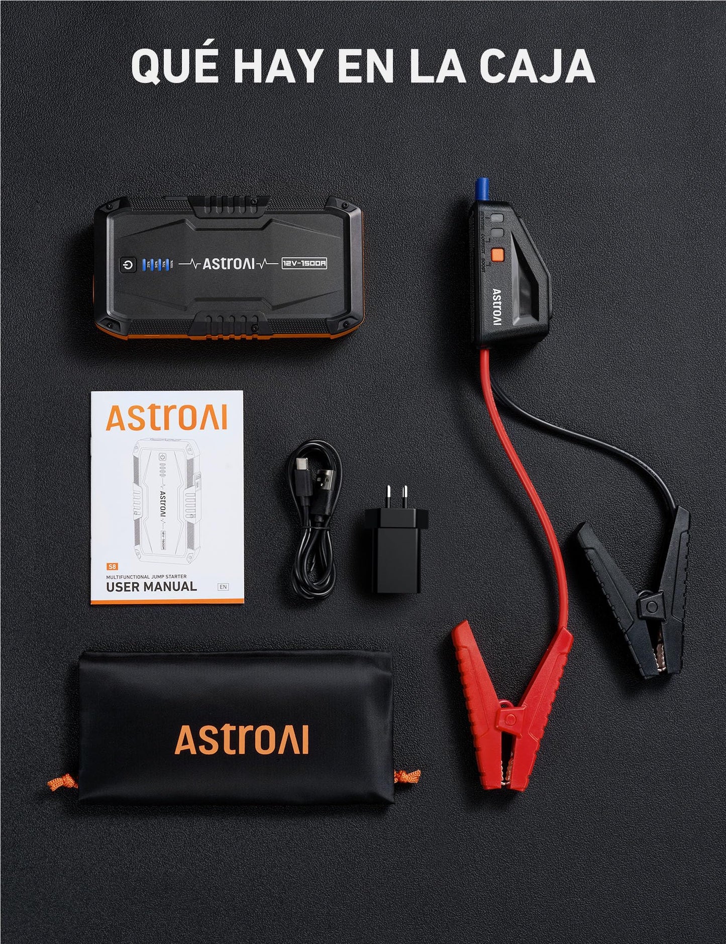 AstroAI Arrancador de Baterias de Coche 1500A 12V con Cargador de Pared para Motores de Gasolina de hasta 6,0L y Motores Diesel de hasta 3,0L con 3 Modos de Luz y Cable de Arranque