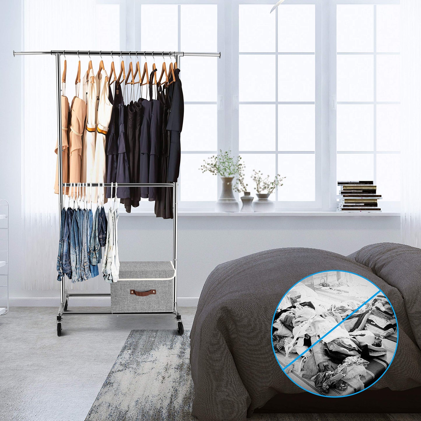 Simple, Tendencia, Doble barra de ropa, organizador con ruedas para colgar la ropa, cromado