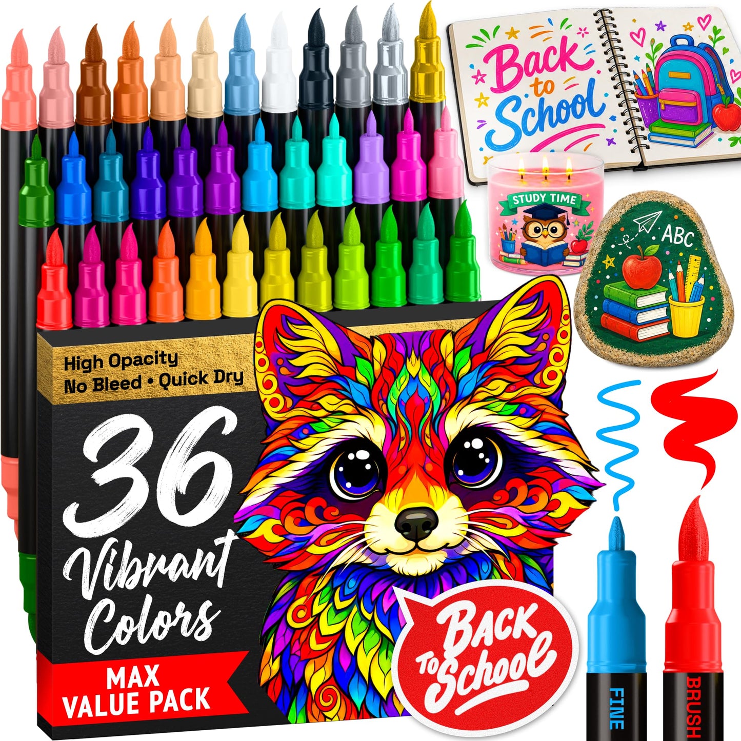 ARTISTRO 36 marcadores de pintura acrílica, bolígrafos de pintura de doble punta + fino, ideal para caligrafía, perfecto para tela, roca, vidrio, madera, bricolaje, suministros de arte, relleno de