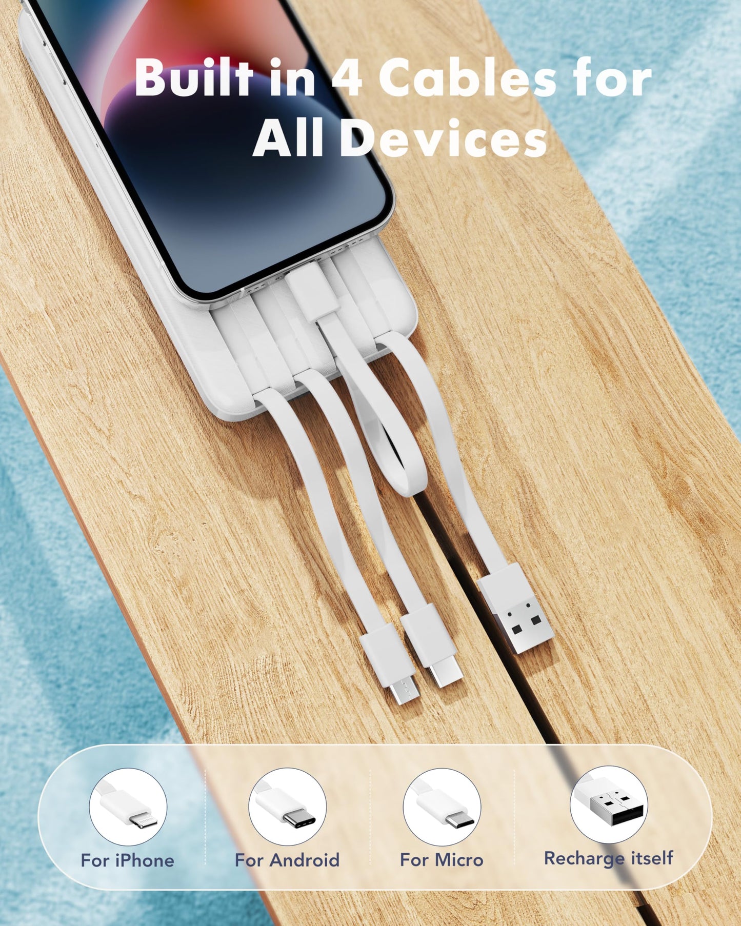 Cargador portátil con cables integrados, cargador portátil con cables delgados de 10000 mAh, paquete de batería de viaje, 6 salidas, 3 entradas, 3 A, batería de carga rápida para Samsung, Google