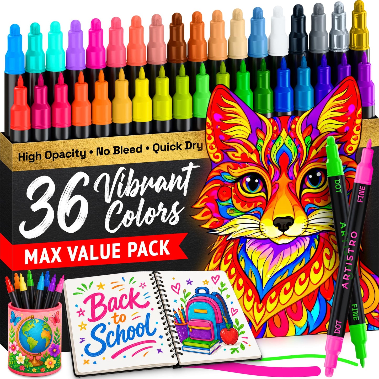 ARTISTRO 36 marcadores de pintura acrílica para roca, tela, madera, vidrio, manualidades, decoración, bolígrafos de pintura de doble punta, relleno de calcetines, idea de regalo de Navidad para