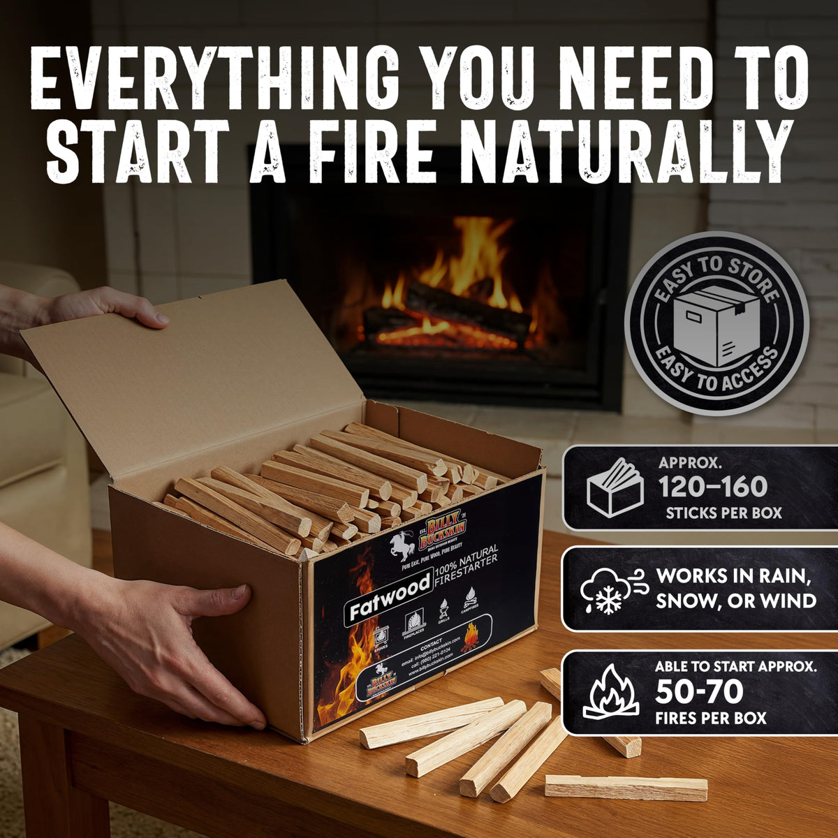 Billy Buckskin Co. Fatwood Fire Starter Sticks Easy & Safe Fire Starter | Start a Fire with Just 3 Sticks | Works in Any Weather Conditions | Caja de 10 LB
