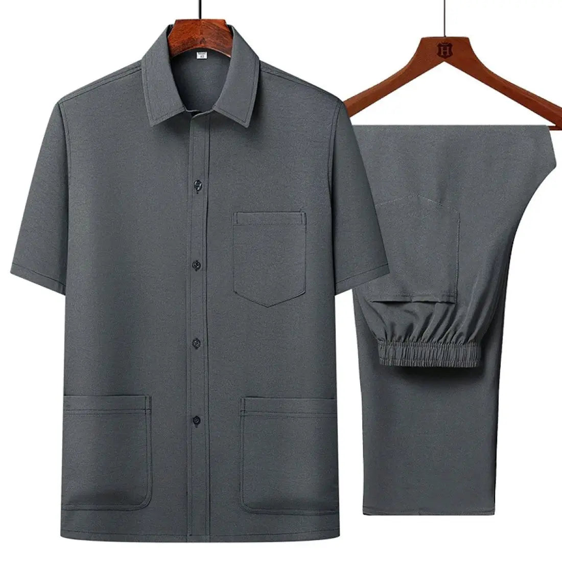 OEM custom logo embroidery printed design middle-aged and elderly dad summer thin ice silk men's short-sleeved shirt suit