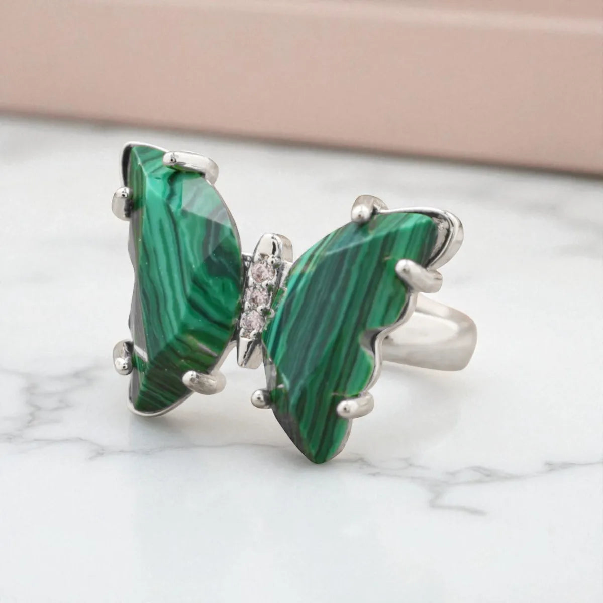 925 Sterling Silver Cute Eternity Band Vermeil Finish Prong Set Carving Malachite Gemstone Ring Women's Unisex Bulk Wholesale
