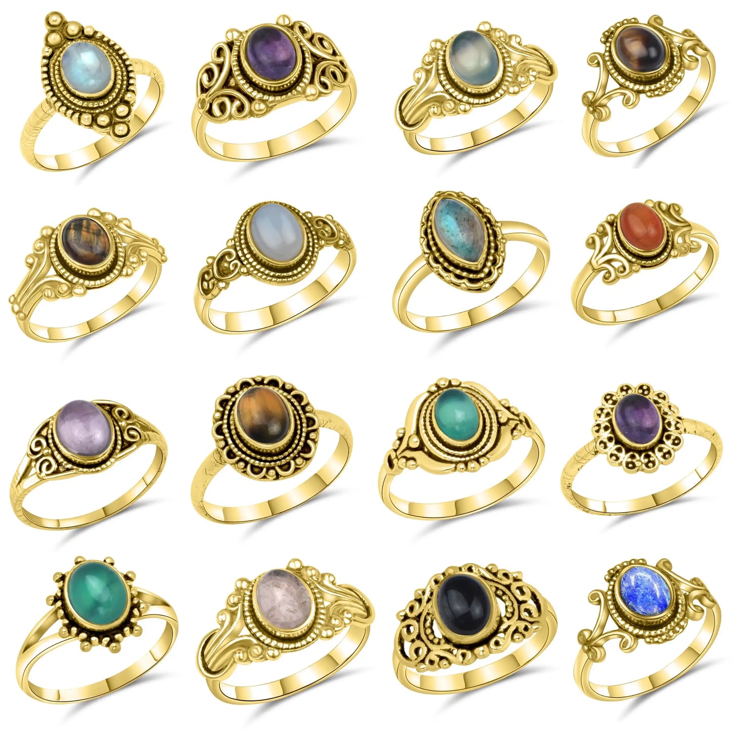 Multi Assorted Natural Oval Shape Crystal Bezel Fashion Rings Premium Quality Silver Plated Brass Ring Lot Religious Style
