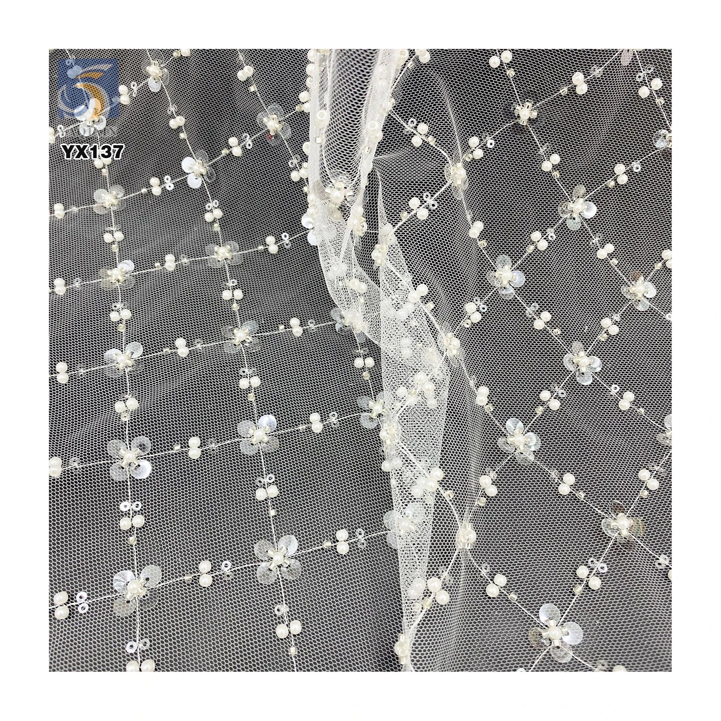Oriental Beads Embroidery Fabric 100gsm Lace Mesh Embroidery Four-Leaf Clover Pearl Sequin Embroidery Tulle Fabric