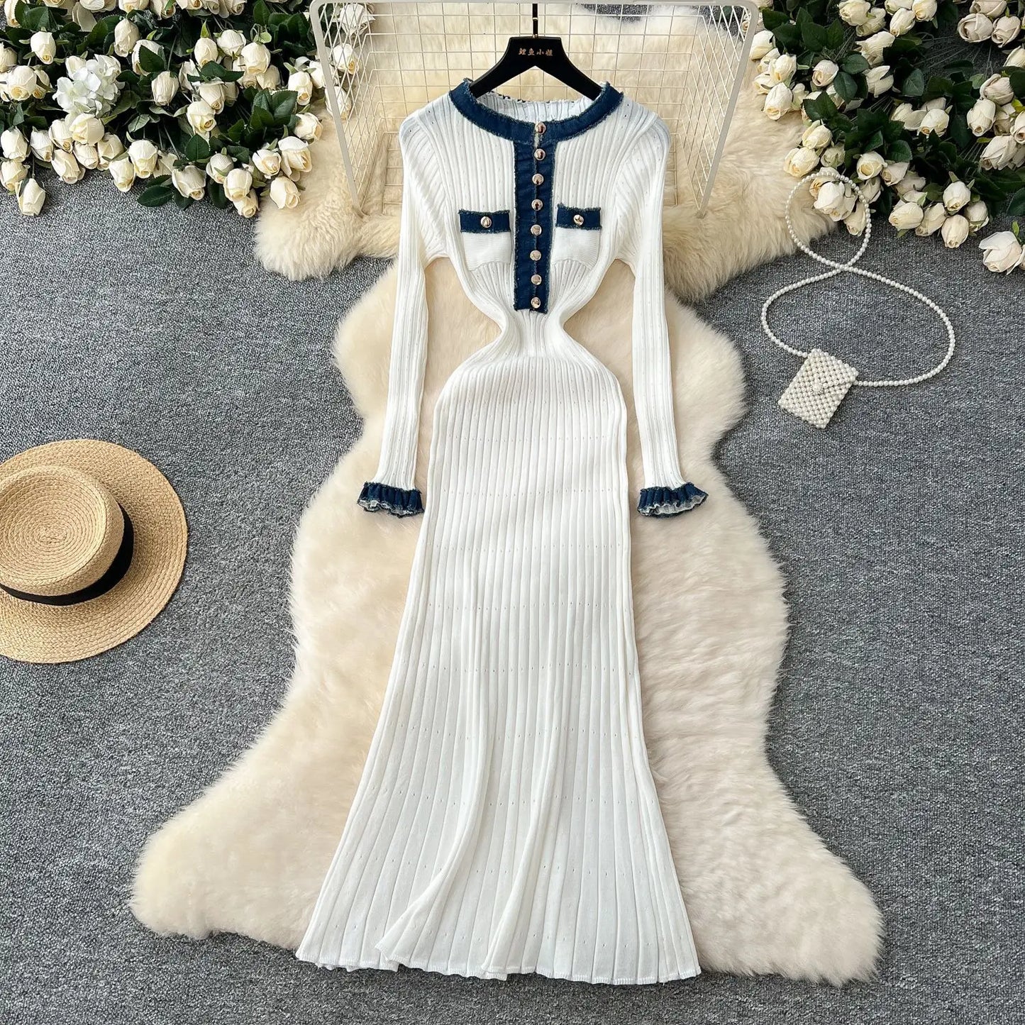 European American Style Contrast Color Crew Neck Midi/Maxi Bodycon Skirt for Women Slim-Fit Elastic Tight Metal Spring Autumn