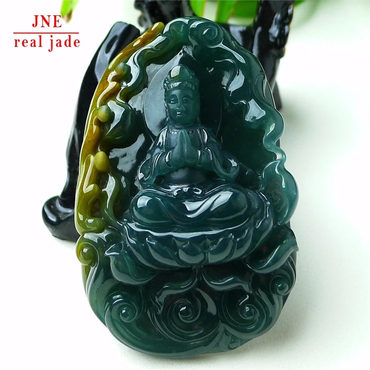 Myanmar Natural a Type Jadeite Jade Pendant Blue Water Guanyin Bodhisattva Emerald Pendant 129.19
