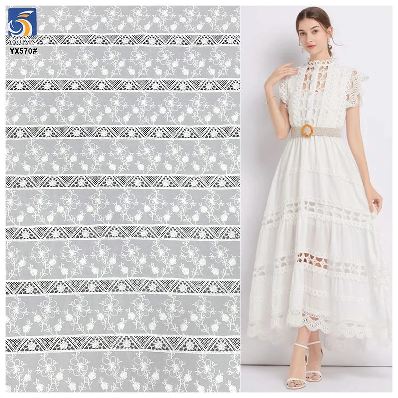 YX570 New Laser Milk Silk Polyester White Embroidery Chiffon Fabric Flowers Floral Embroidered for Women Dresses