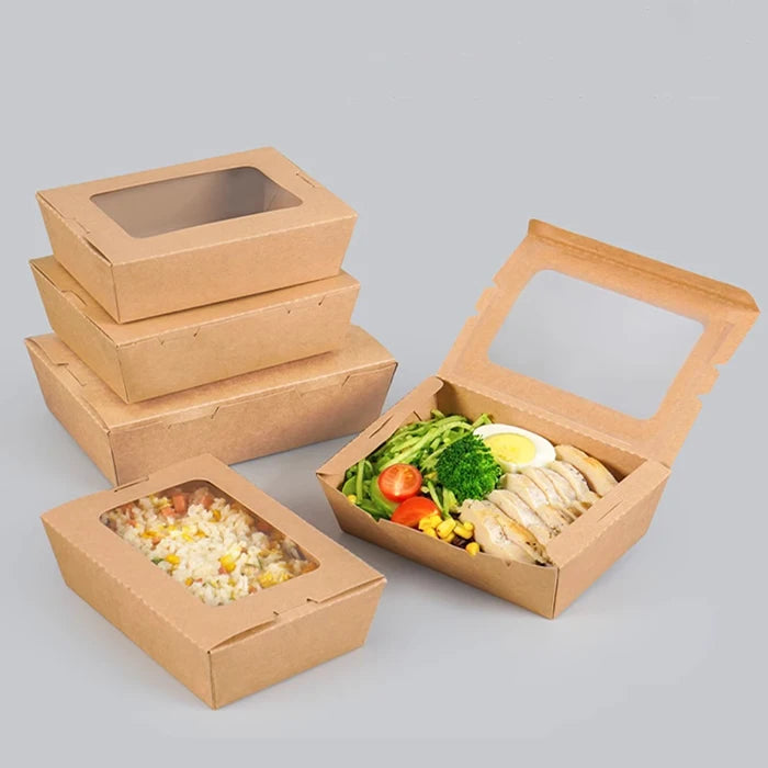 Custom Printed Disposable Biodegradable Kraft Paper Packaging Box Salad Fast Food Take Away Packaging Paper Box with Window