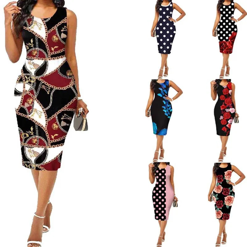 Custom OEM 2025 Elegant Bodycon Printed Summer Dress Women Sleeveless Casual Dresses ODM Factory Private Label Boutique Apparel