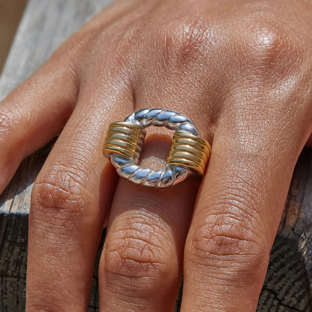 J&D 18K Gold Plated Stainless Steel Ring Jewelry Gold Silver Matching Rib Twists Hollow Opening Ring