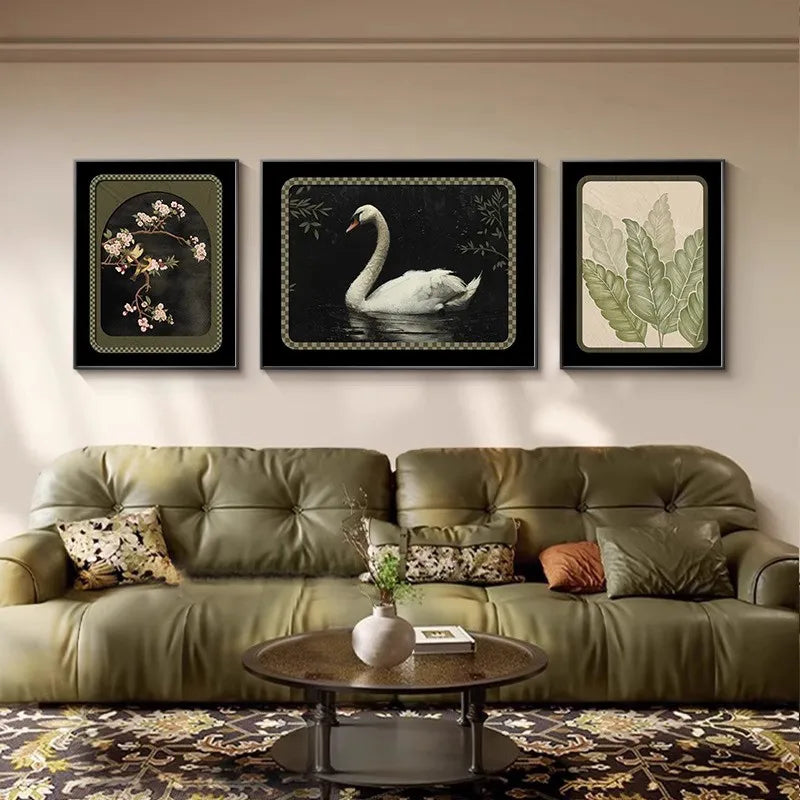 MidAge Style Animal Living Room Decoration Painting Decorative Art Sofa Backdrop Wall Painting  High-End Feel Three Joint Murals