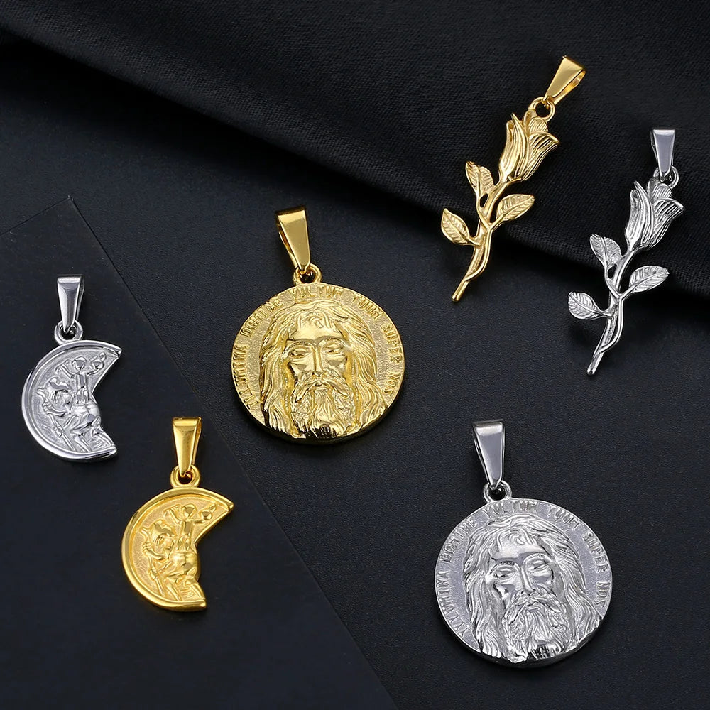 Wholesale DIY Jewelry Custom Charm Fashion PVD Jesus Head Rose Flower Half Saint Pendants Bracelet Charms for Jewelry Making