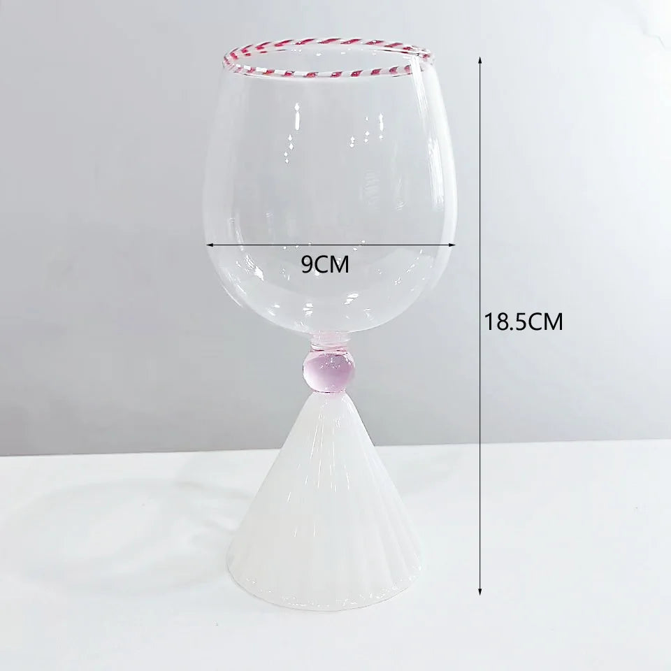 Artistic High Borosilicate Glass Goblet Clear Cup Red-White Rim Pink Bead-Decorated White Fluted Base Reusable Wine Accessory