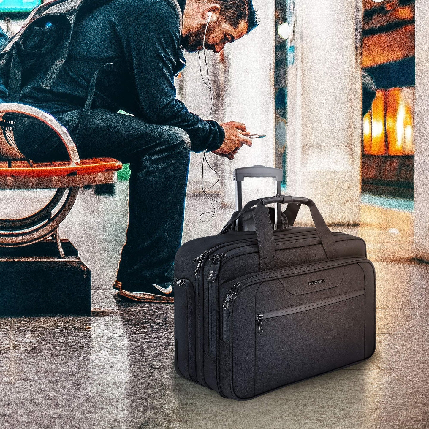 KROSER Maletín para Portátil con Ruedas Bolsa Premium Impermeable para Computadora hasta 17.3´´ Bolsa Hidrófugo Durante la Noche con Bolsillos RFID para Hombres/Mujeres-Negro