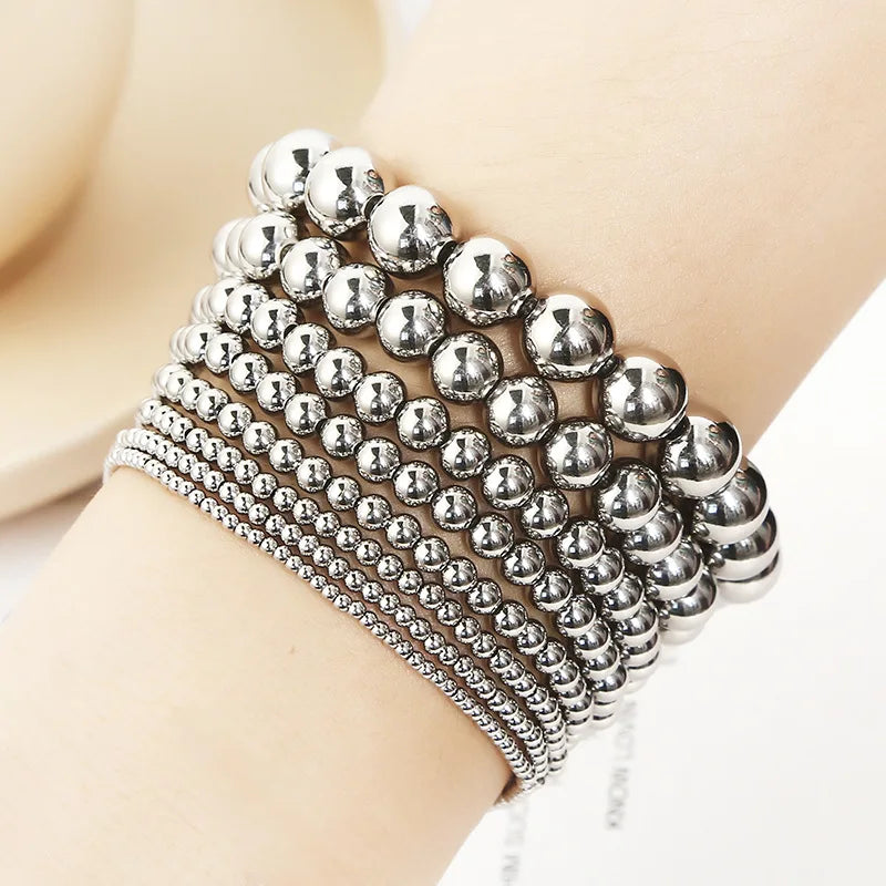Fashion Shining Stainless Steel Multi Size Small Round Beads Bracelet Beaded Elastic Bracelet for Men Women Girls Jewelry