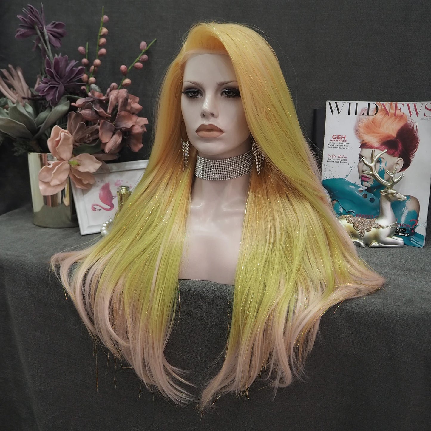 Celebrity 26 Inches Synthetic Lace Front Wig Tinselwig Multicolor Long Straight Wig for Women