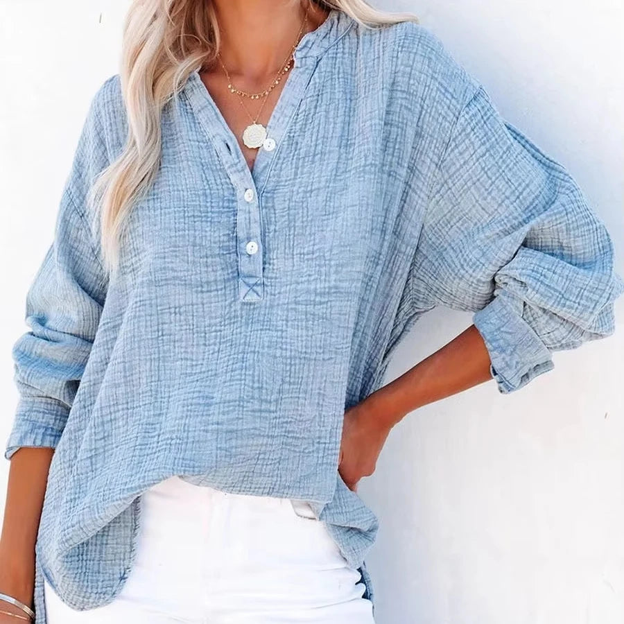 2025 Summer  Cross-Border Women's Long-Sleeve V-Neck Button Shirt - Elegant Belted Style for Feminine Charm