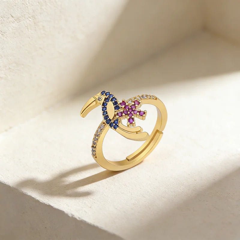 QIKU Fashion Creative Woodpecker Shape Copper Zircon Adjustable Opening Ring Popular European and American  Personality Gift