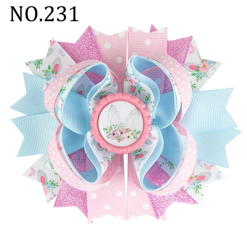 Kids 4.5 Inch Pastel Easter Stacked Bow with Bunny Peeps Bottle Cap Ribbon