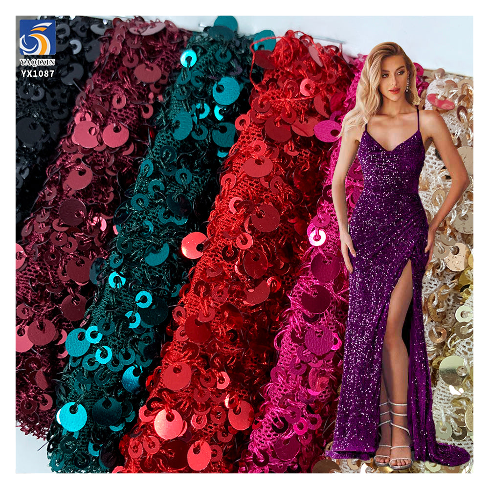 YX1087 300gsm Spandex Stretch Mesh Fabric With 3MM+5MM Sequins Embroidery Heavyweight Sparkle Sequin Fabric for Party Dress