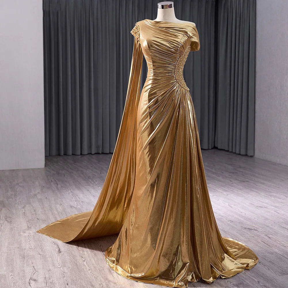 Jancember 241032 Asymmetric Shiny Pearls Golden Mermaid Evening Party Dresses