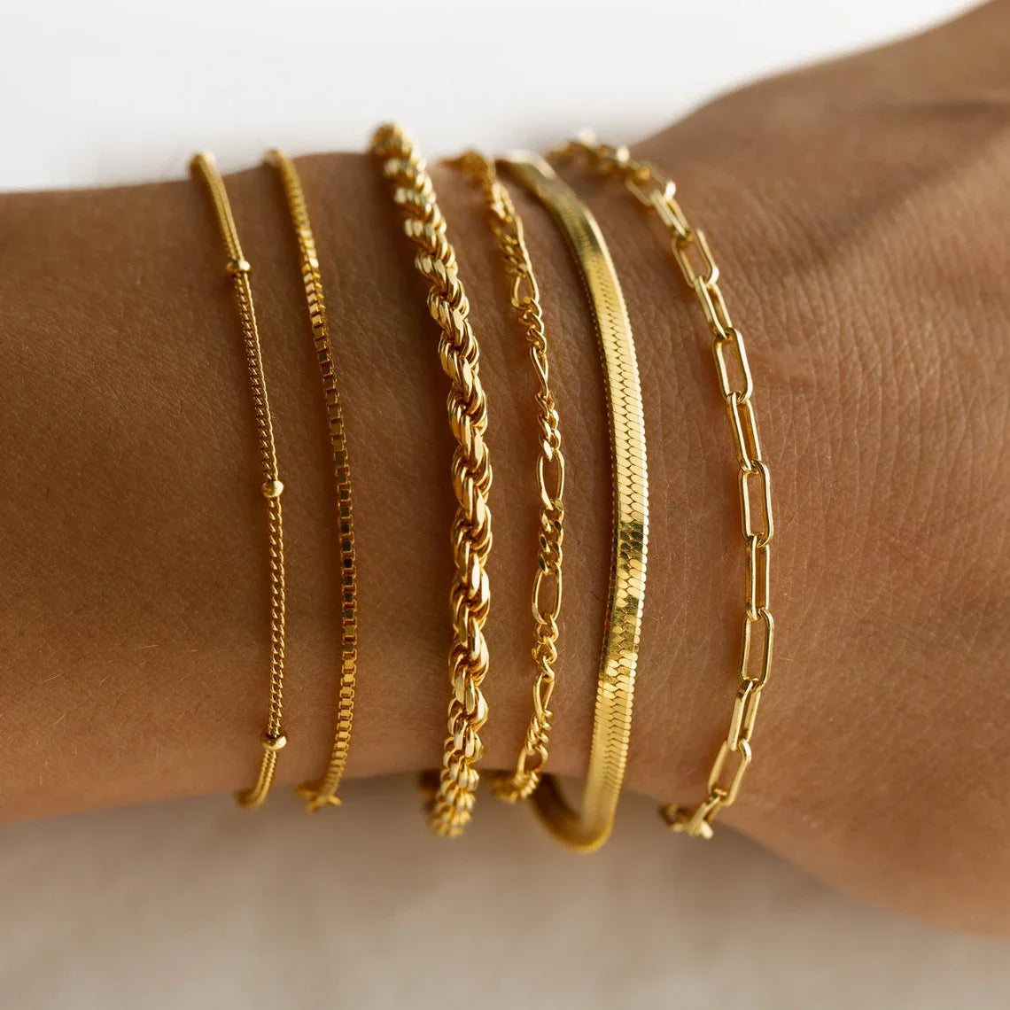 Fine Brass Jewelry Gold Plated Six-layer Chain Link Bracelet Set Paperclip + Snake + Twist Chain Gold Beaded Bracelet