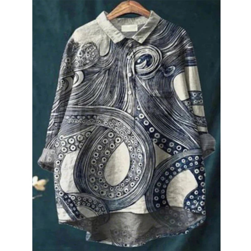 2025 Summer Elegant Office Women's Floral Printed Polyester Simple Loose Casual Turnover Collar Long-sleeve Blouse
