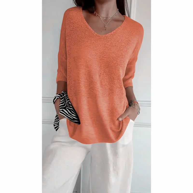 European and American Knitwear: Casual Basic Slim-Fit V-Neck Three-Quarter Sleeve Solid-Color Women's Knitted Base Layer Top