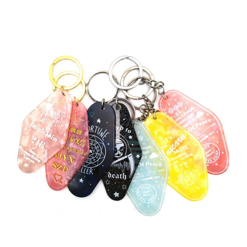Bulk Brand Logos Glitter Acrylic Vintage Motel Keychain Custom
