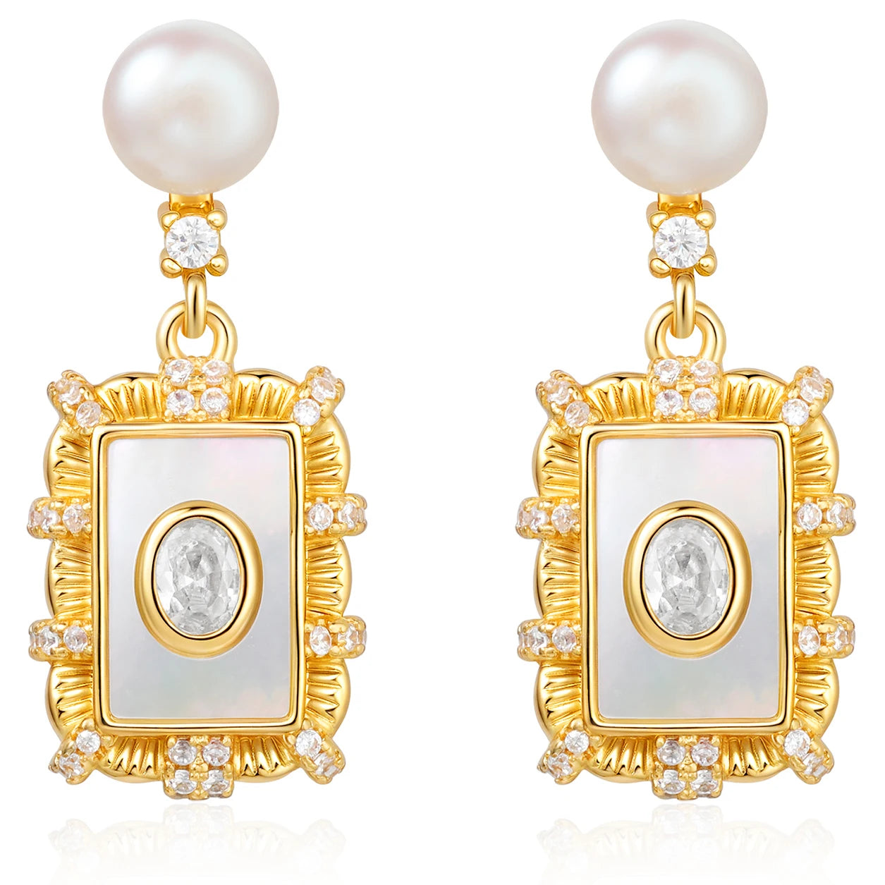 Brass 18K Gold-Plated Natural Freshwater Pearl White Mother-of-Pearl Pendant Earrings for Women Factory Wholesale Customization
