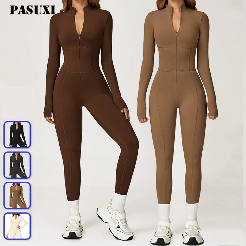 PASUXI Women's Water Resistant Breathable Eco-Friendly Gym Jumpsuit with Zipper Long Sleeve for Fitness Yoga