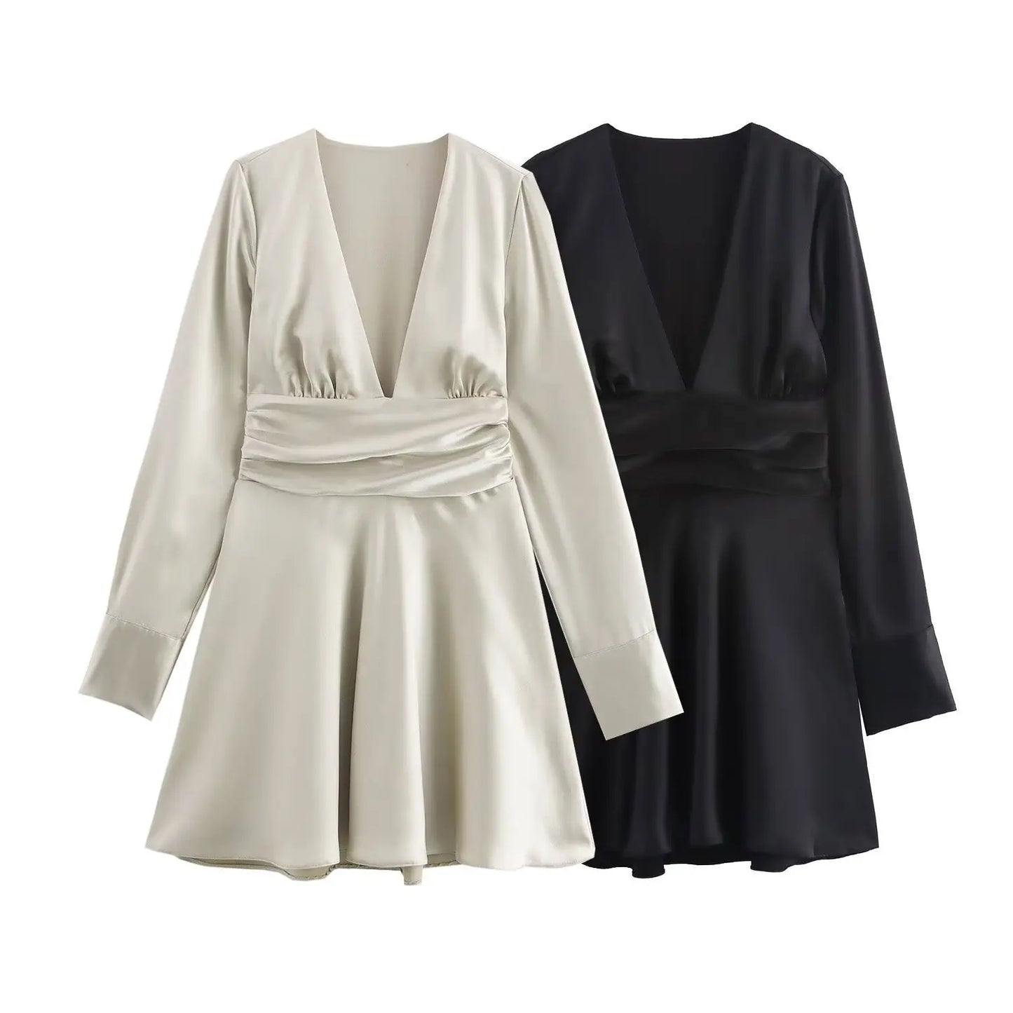 Autumn New Collection: Euro-Chic V-Neck Satin Mini Dress - High Waist Elegance