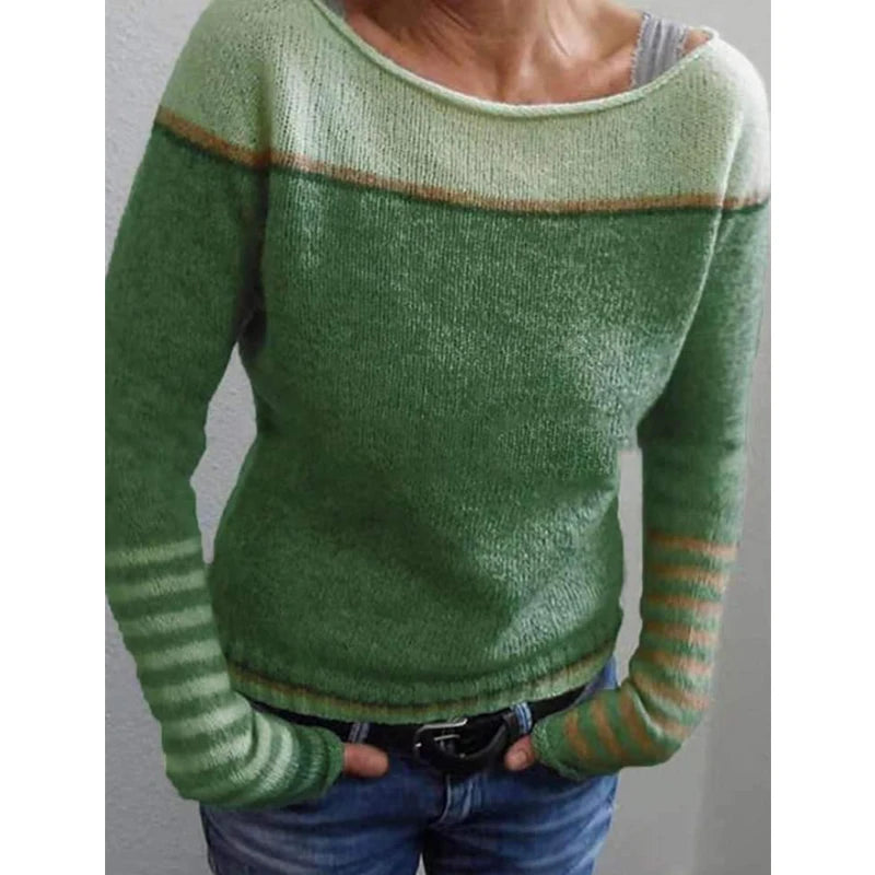 2025 New European and American Style Women's Bestselling Crew Neck Color-Block Loose Fashion Pullover Knit Sweater
