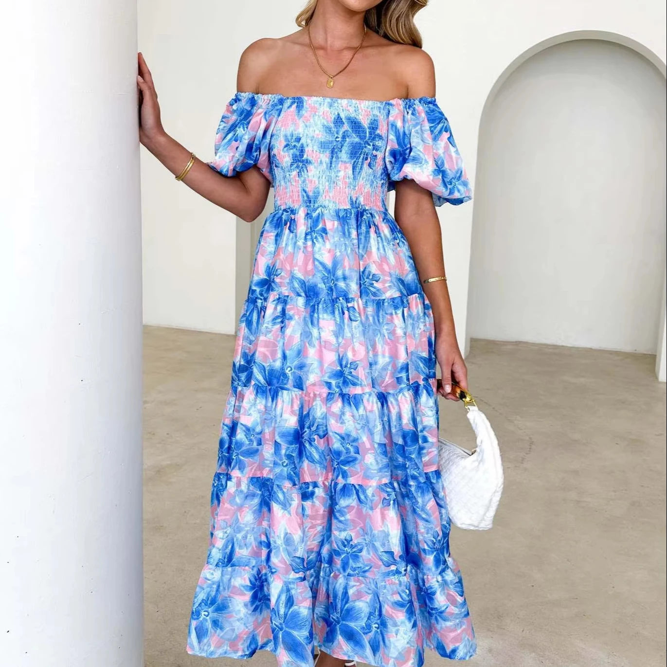 Autumn Summer Hot-Selling Vintage Romantic Off-the-Shoulder Printed Puff Skirt Sleeveless Dress Women's Elegance Apparel