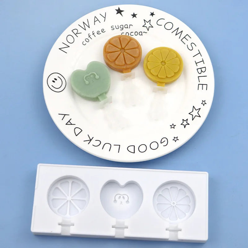 Food Grade Silicone Orange Popsicle Ice Cream Mold 3 Cavities Easy Release Summer Tool OPP Bag Packaging