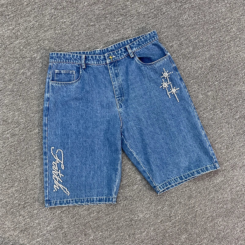 Custom Denim Shorts for Men Rhinestone Print Jean Shorts Men Denim Breathable Vintage Streetwear Embroidery Shorts for Summer