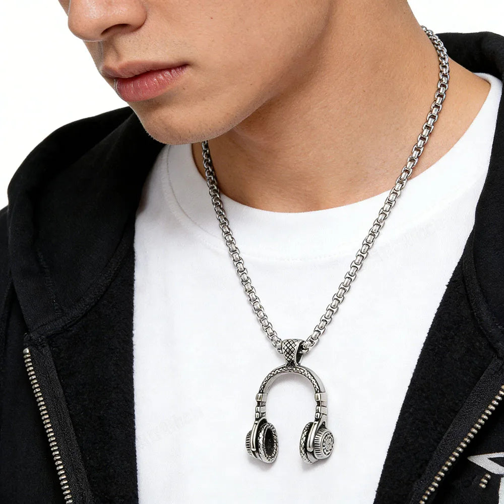 Vintage Geometric Gold Plated Stainless Steel Pendant Necklace Unisex Retro Headphones Link Chain Casual Anniversary