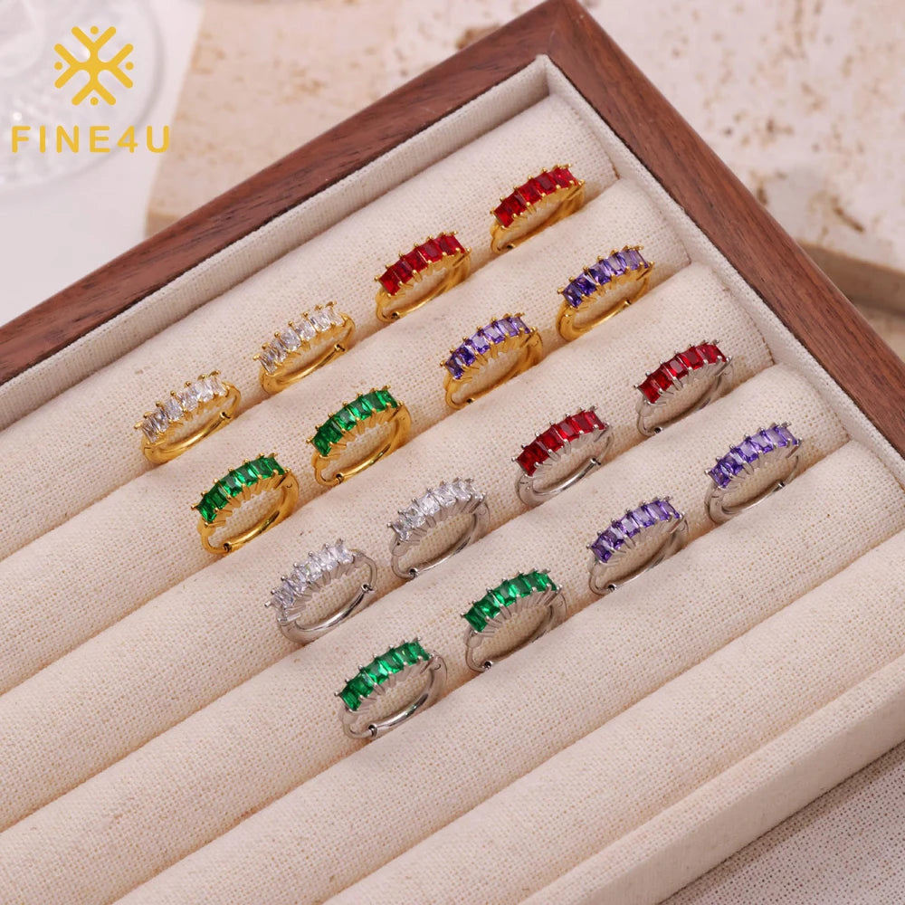 Colorful Shining Zircon Baguette Hoop Earring Gold Plated Stainless Steel Earring Women