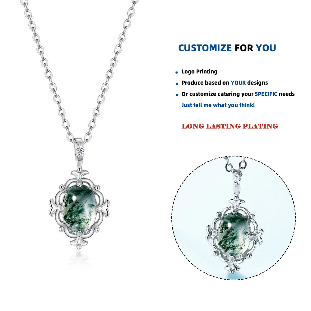 P004095_L Top Quality Moss Agate 925 Sterling Silver Oval Shape Gemstone Cute Pendant Green Crystal Wholesale Women Pendants