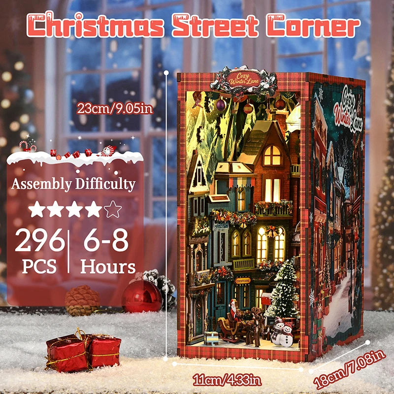 Christmas Wooden Book Nook Snowy Night Shadow Christmas Party DIY 3D Book Nook Kit Dollhouse Puzzle Miniature Book Nook