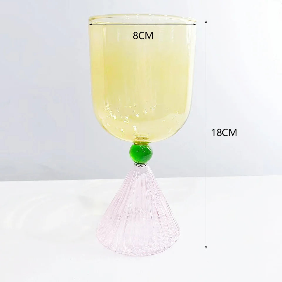 Hand Blown Artistic High Borosilicate Glass Goblet Yellow Cup & Pink Fluted Cone Base with Green Bead Accent Reusable Wine Cup