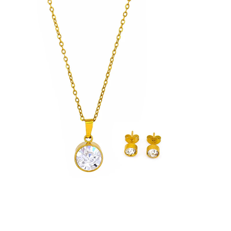 Gold Plated Stainless Steel Jewelry Set Women Zircon Stainless Steel Jewelry Set Waterproof Clear Gem Jewelry Set for Kids