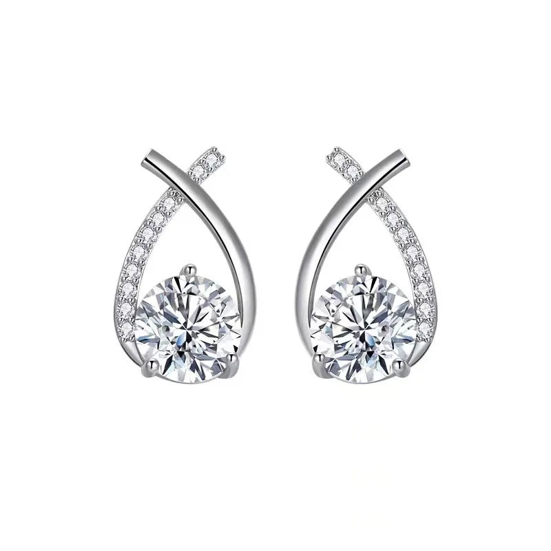 Exquisite Silver-Plated Brass Earrings Trendy Diamond-Encrusted Cross-Arcs with Sparkling Zirconia for Gift