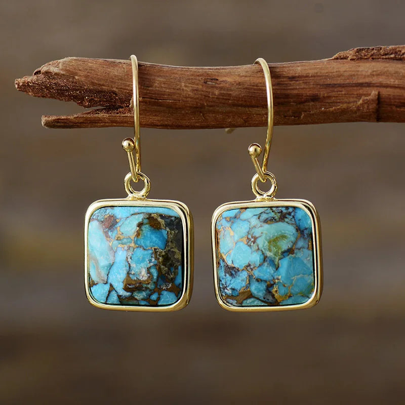 Healing Yoga Natural Green Turquoise Stone Earrings Natural Gemstone Dangle Drop Stone Earrings Jewelry for Girls Women