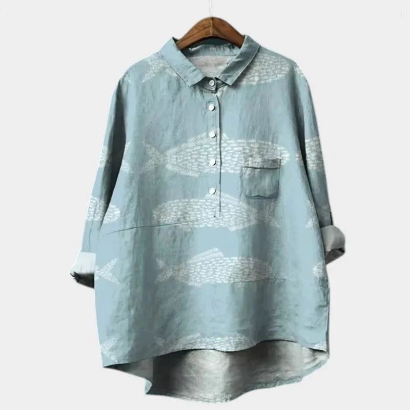 2025 Summer Elegant Office Ladies' New Loose Casual Printed Turnover Collar Long-sleeve Women's Blouse