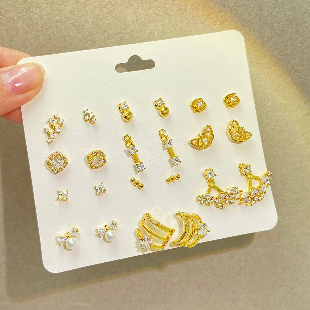 Unisex Gold Plated Cubic Zircon Stud Earrings 925 Silver Anniversary Fine Jewelry Set for Men Women
